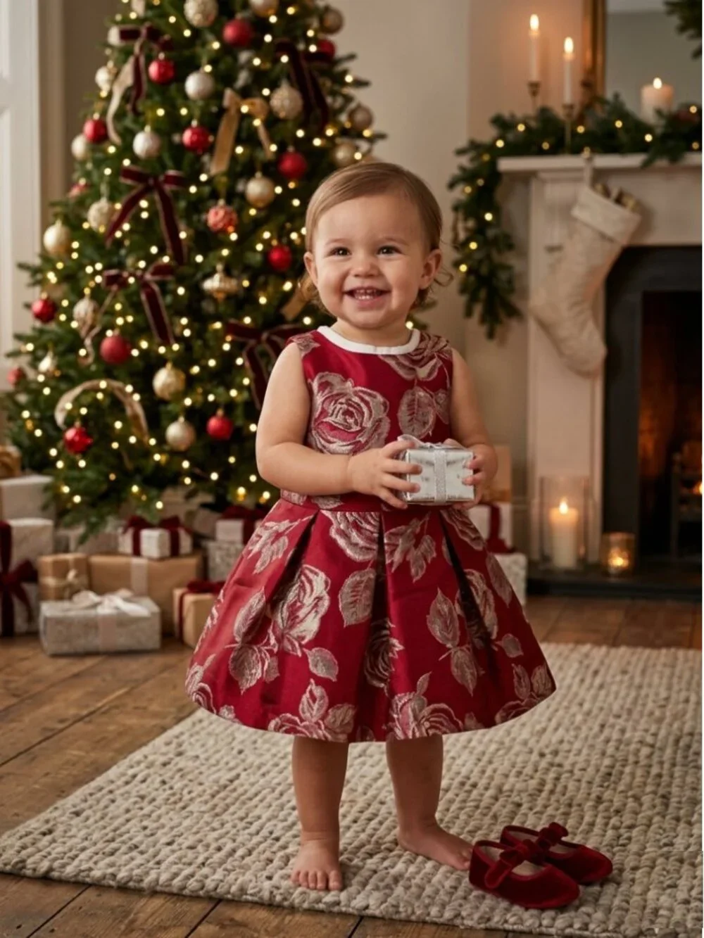 The Childrens Place Toddler Red Metallic Floral Jacquard Holiday Dress 18-24M